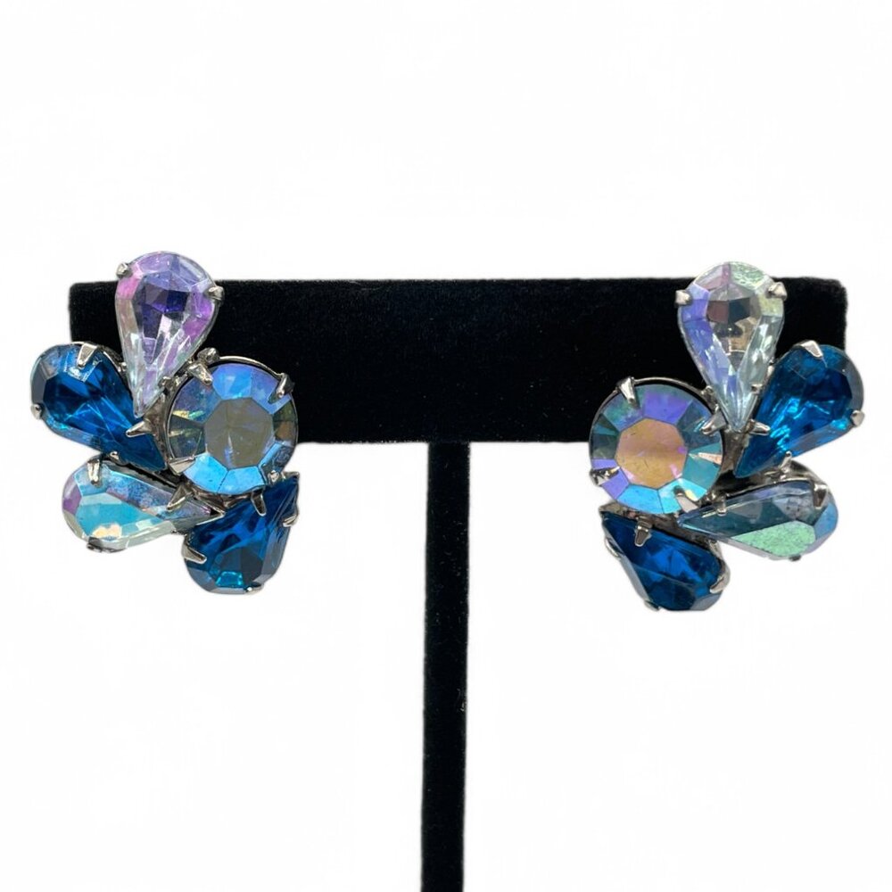 Vintage Blue and AB Rhinestone Clip-On Earrings Large Stones Prong Set Silver